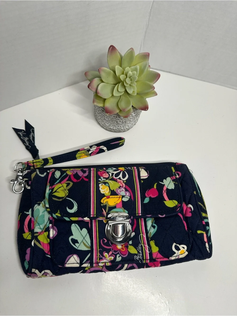 Vera Bradley Navy Quilted Floral Wristlet with Pink & Yellow Accents